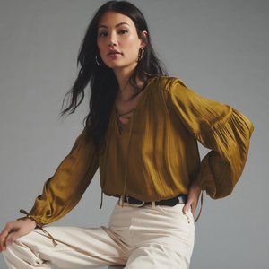 Anthropologie - Lace Up V Neck Balloon Sleeve Blouse - Size XS - Moss Green
